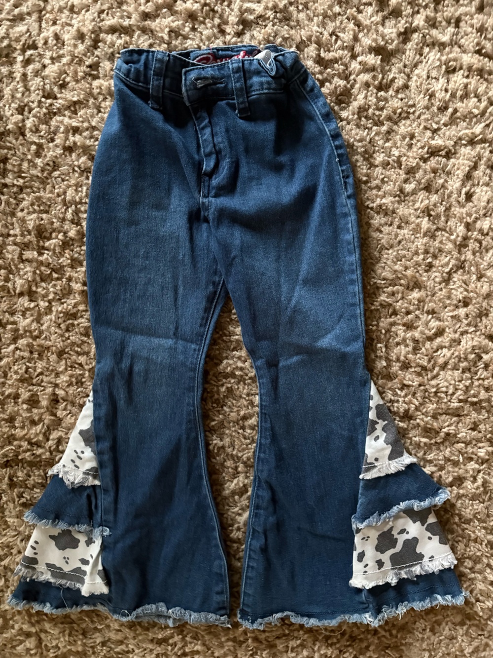 Girls Dark Blue Flared Jeans with Cow Print Ruffle Hem